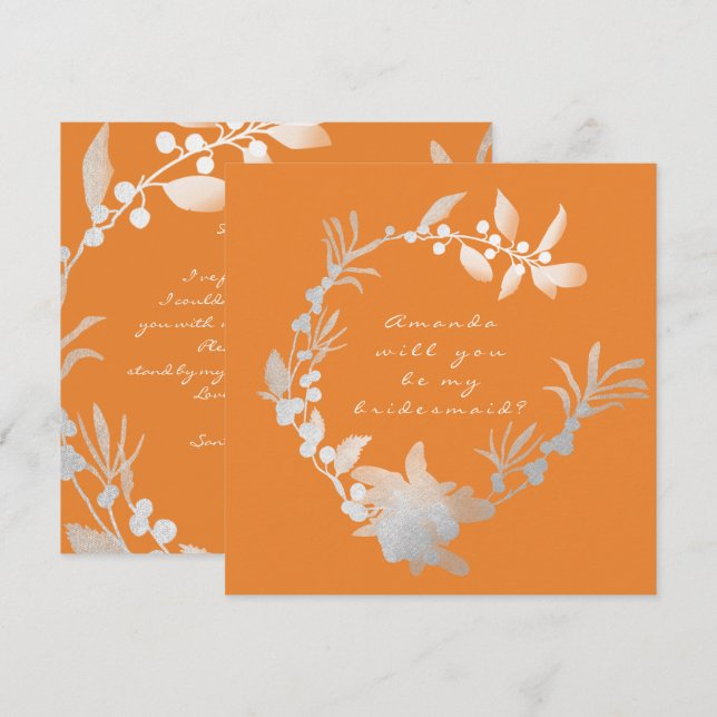 Will You Be My Bridesmaid Orange Silver Wreath Invitation (Front/Back)