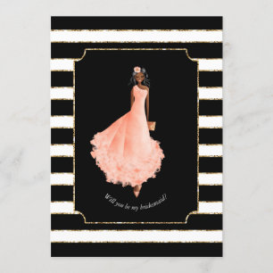 Will you be my Bridesmaid Peach Dress Stripes BW 4 Invitation
