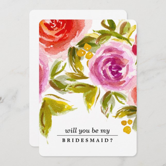Will you be my Bridesmaid? Peach Red Floral Invitation (Front/Back)