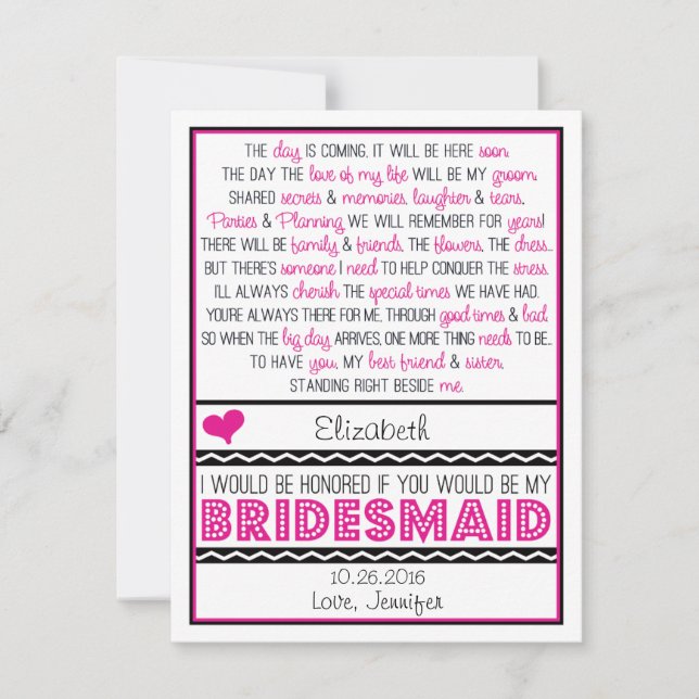 Will you be my Bridesmaid? Pink/Black Poem Card (Front)