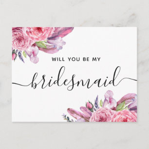 Will you be my bridesmaid. Pink boho floral script Invitation Postcard