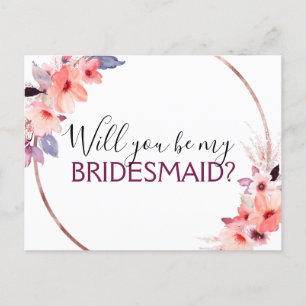 Will you Be My Bridesmaid Pink, Coral Purple Announcement Postcard