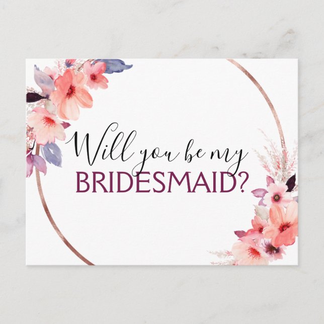 Will you Be My Bridesmaid Pink, Coral Purple Announcement Postcard (Front)