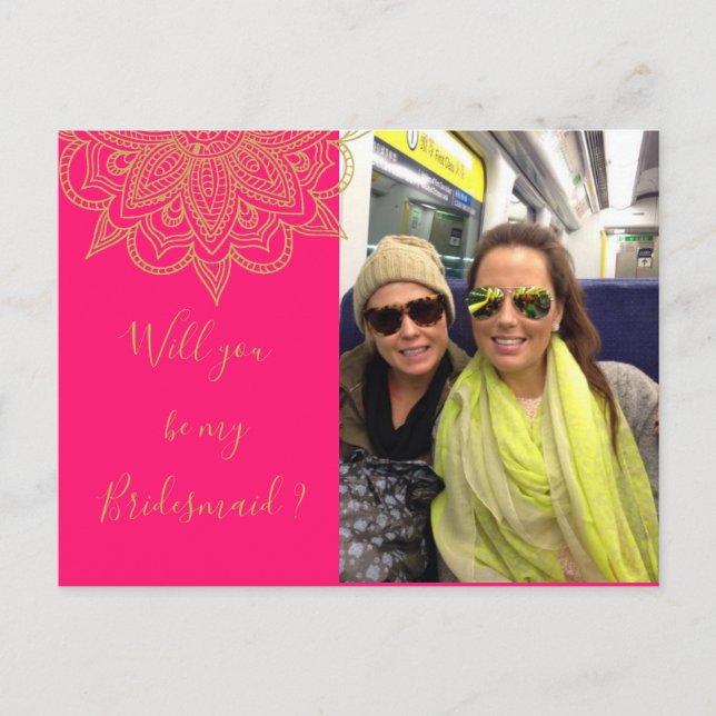 Will You Be My Bridesmaid  Pink Gold Photo Invitation Postcard (Front)