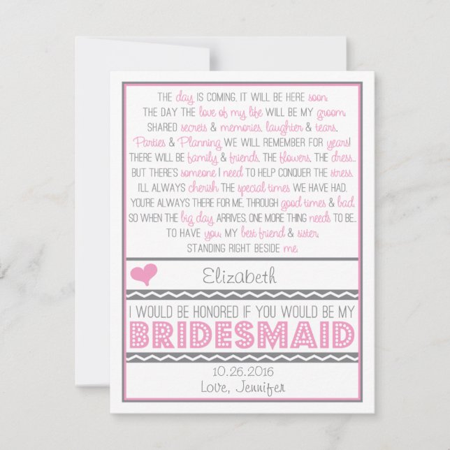 Will you be my Bridesmaid? Pink/Grey Poem Card (Front)