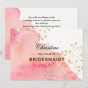 Will you be my Bridesmaid? Pink Peach Watercolor Invitation