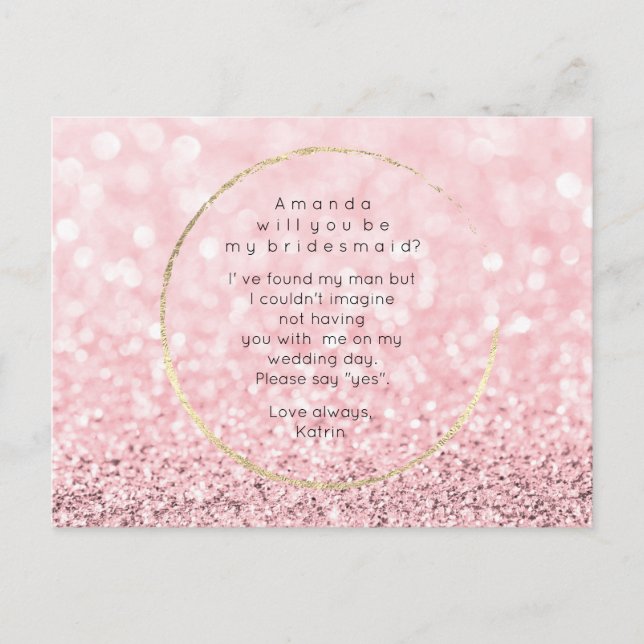 Will You Be My Bridesmaid Pink Rose Gold Glitter Invitation Postcard (Front)