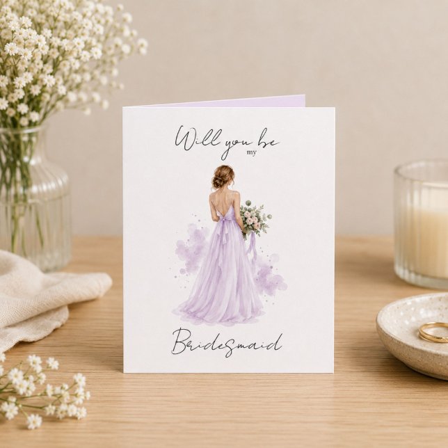 Will you be my Bridesmaid Proposal Card Lilac (Minimalist bridesmaid proposal greeting card with watercolor artwork and a heartfelt message inside.)