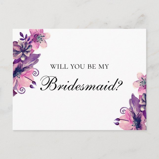 Will you be my bridesmaid. Purple and pink wedding Invitation Postcard (Front)