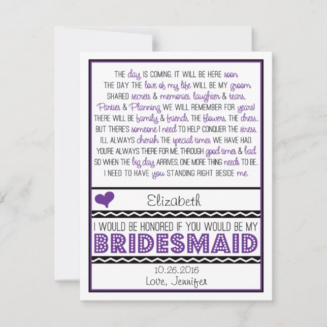 Will you be my Bridesmaid? Purple/Black Poem V2 Invitation (Front)