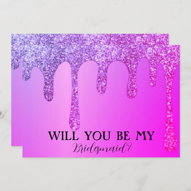 Will You Be My Bridesmaid Purple Glitter Drips Save The Date (Front/Back)