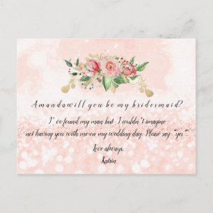 Will You Be My Bridesmaid Rose Blush Glitter Flora Invitation Postcard