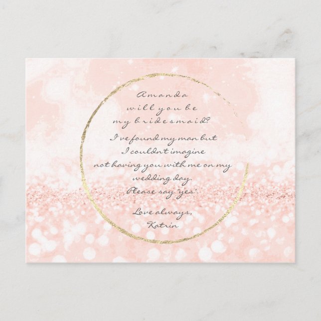 Will You Be My Bridesmaid Rose Blush Glitter Invitation Postcard (Front)