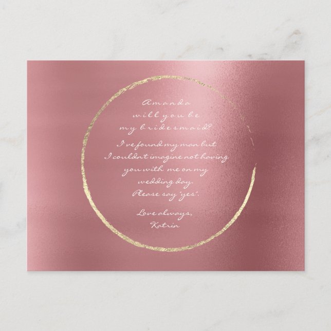 Will You Be My Bridesmaid Rose Gold Circle Red Bin Invitation Postcard (Front)