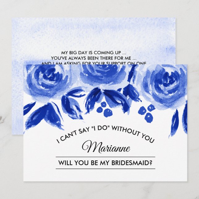 Will you be my Bridesmaid? Royal Blue Floral Invitation (Front/Back)