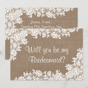 Will You Be My Bridesmaid? Rustic Burlap & Lace Invitation
