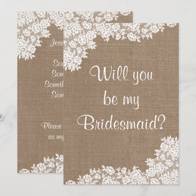 Will You Be My Bridesmaid? Rustic Burlap & Lace Invitation (Front/Back)