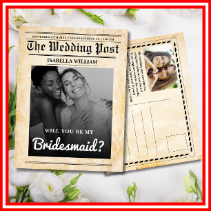 Will You Be My Bridesmaid Rustic Newspaper Postcard