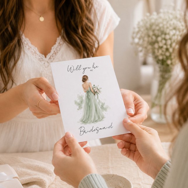 Will you be my Bridesmaid Sage Green Proposal Card (Minimalist sage green bridesmaid proposal card with elegant watercolor artwork and script.)