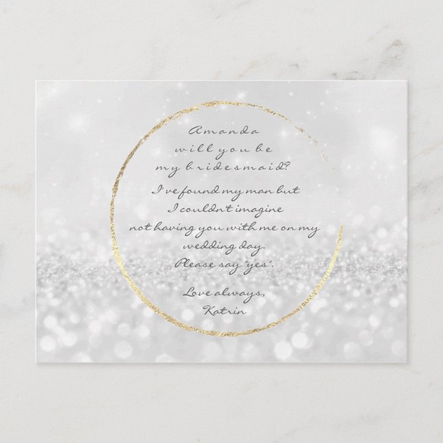 Will You Be My Bridesmaid Silver Gray Gold Glitter Invitation Postcard (Front)