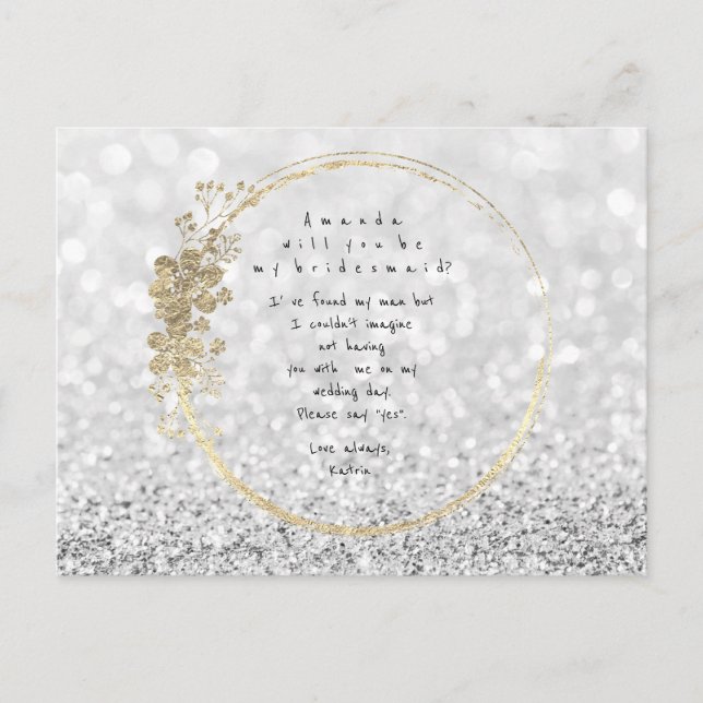 Will You Be My Bridesmaid Silver Gray Gold Glitter Invitation Postcard (Front)