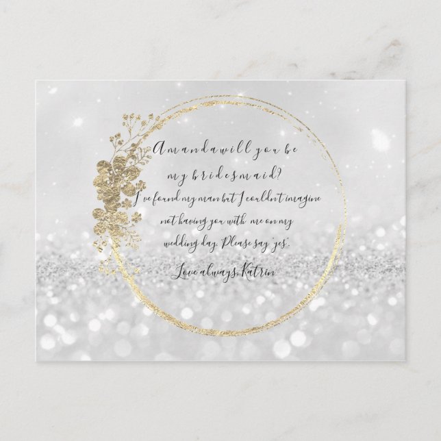 Will You Be My Bridesmaid Silver Gray Gold Glitter Invitation Postcard (Front)