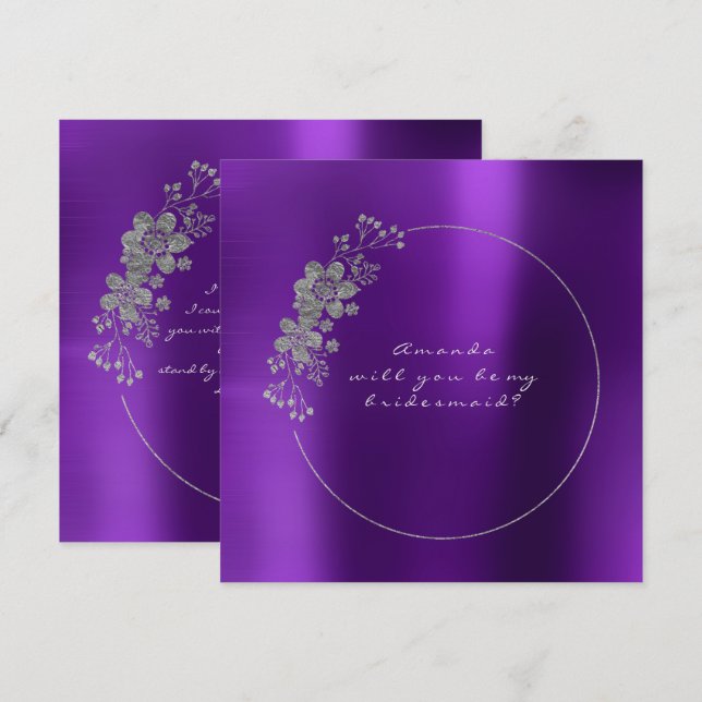 Will You Be My Bridesmaid Silver Purple Metallic Invitation (Front/Back)
