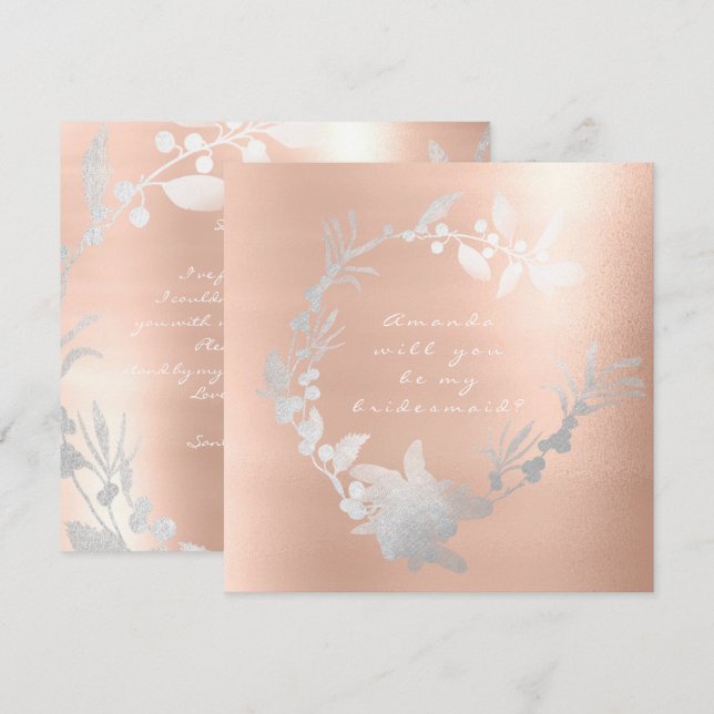 Will You Be My Bridesmaid Silver Wreath Rose Pink Invitation (Front/Back)