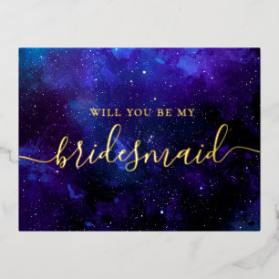 Will you be my bridesmaid. Space navy gold script Foil Invitation Postcard