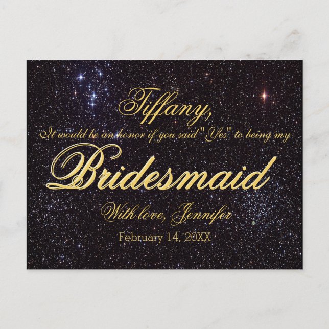 Will You Be My Bridesmaid? Starry Night Invitation Postcard (Front)