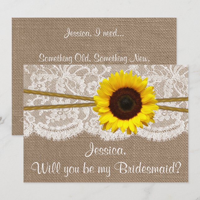 Will You Be My Bridesmaid? Sunflower Rustic Burlap Invitation (Front/Back)