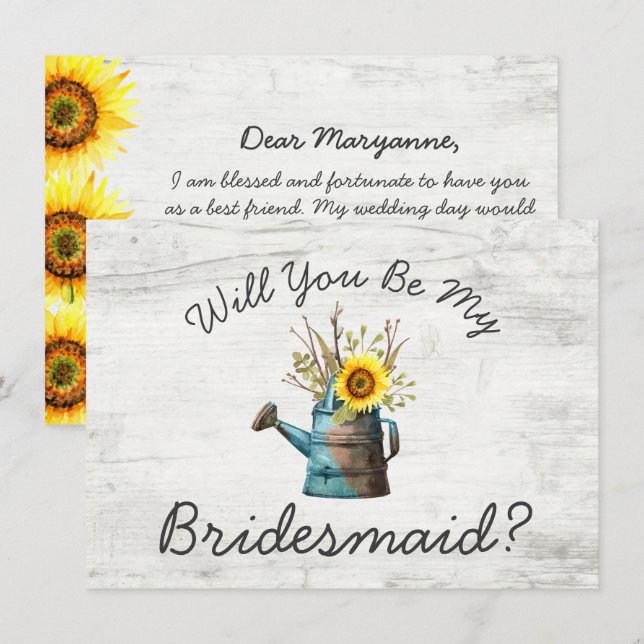 Will You Be My Bridesmaid? Sunflower & Rustic Wood Invitation (Front/Back)