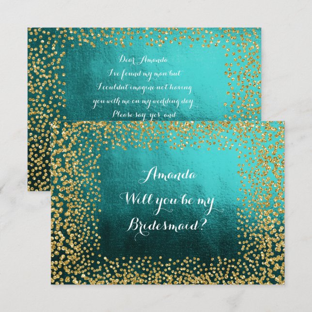 Will You Be My Bridesmaid Teal Vip Gold Confetti Invitation (Front/Back)
