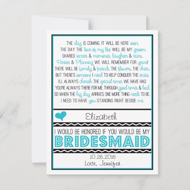 Will you be my Bridesmaid? Turquoise/Black Poem V2 Invitation (Front)