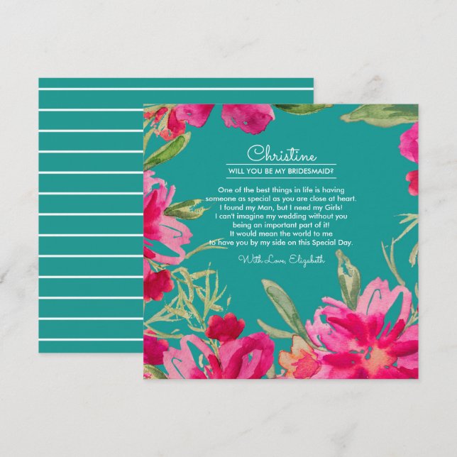 Will you be my Bridesmaid? Turquoise Fuchsia Invitation (Front/Back)