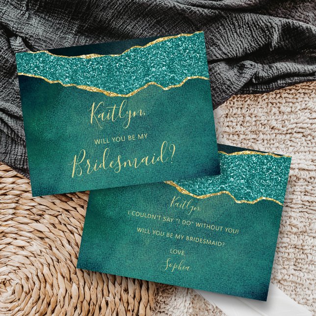 Will You Be My Bridesmaid Turquoise & Gold Agate Invitation Postcard (Creator Uploaded)