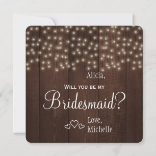 Will you be my bridesmaid twinkle lights rustic invitation