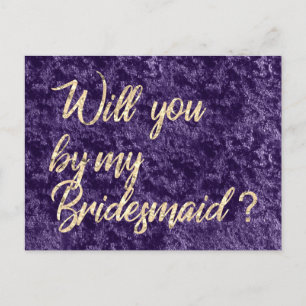 Will You Be My Bridesmaid Violet Velvet Gold Faux Invitation Postcard