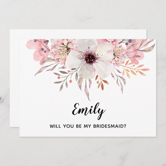Will You Be My Bridesmaid? Watercolor Floral Card (Front/Back)