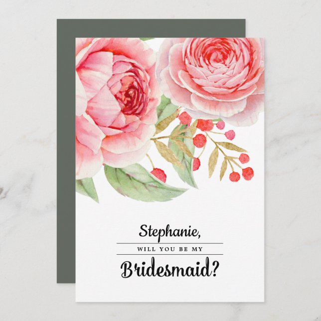 Will you be my Bridesmaid? Watercolor Floral Invitation (Front/Back)