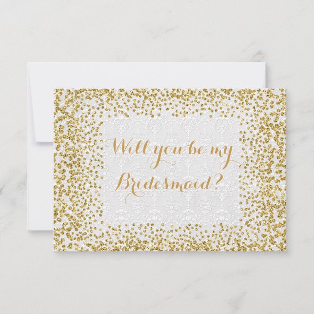 Will You Be My Bridesmaid White Gold Confetti Invitation (Front)