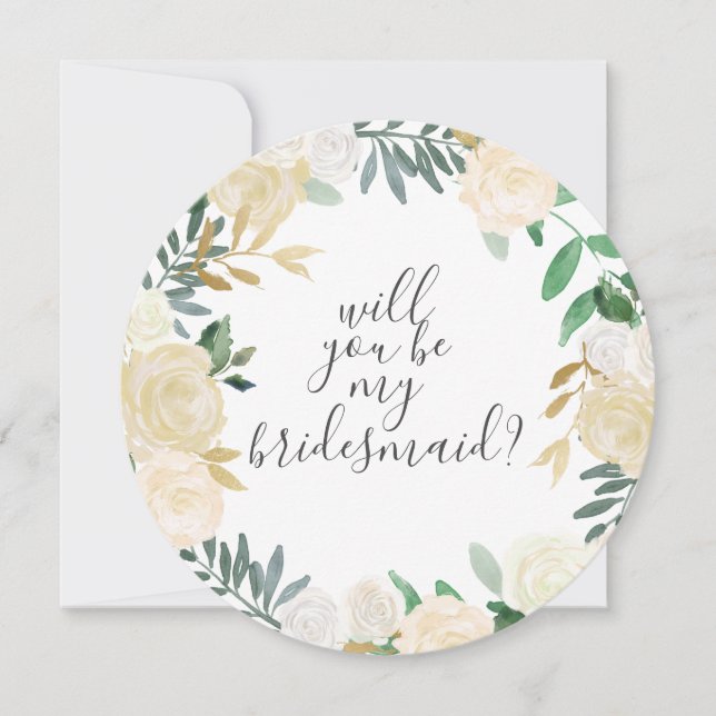 Will You Be My Bridesmaid White Watercolor Flowers Invitation (Front)