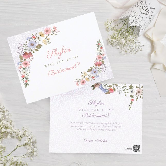 Will You Be My Bridesmaid Wildflowers & Lace Postcard (Creator Uploaded)