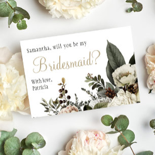 Will you be my bridesmaid winter floral wedding invitation
