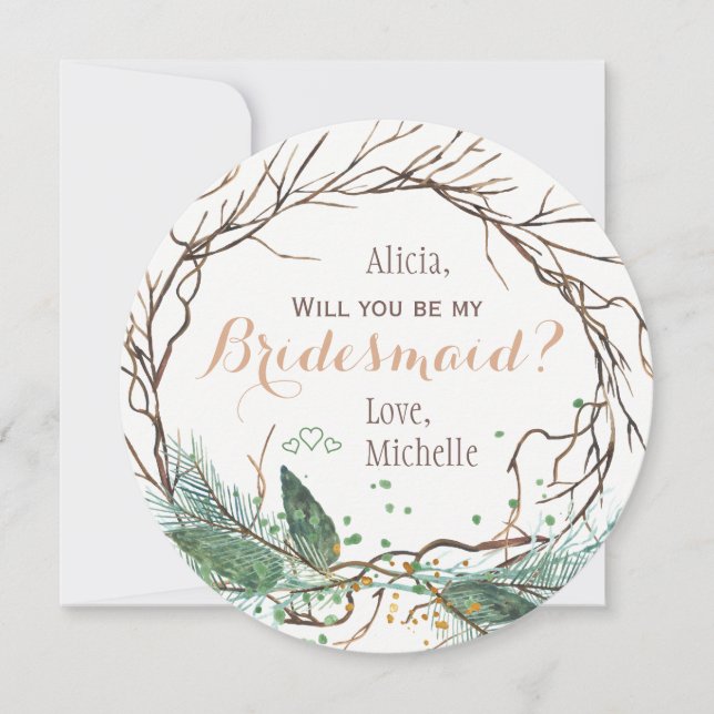 Will you be my bridesmaid winter modern branches invitation (Front)
