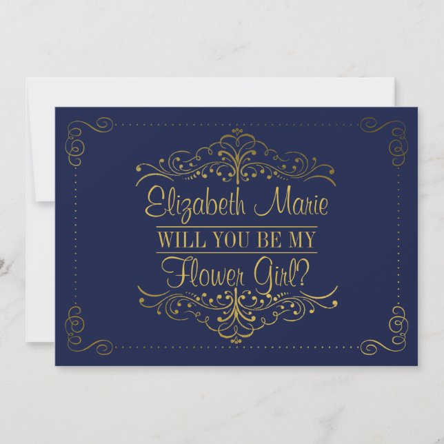 Will You Be My Flower Gir? Ornate Navy & Gold Invitation (Front)