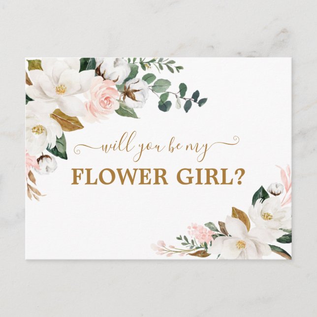 Will You Be My Flower Girl Blush Pink Floral Gold Postcard (Front)