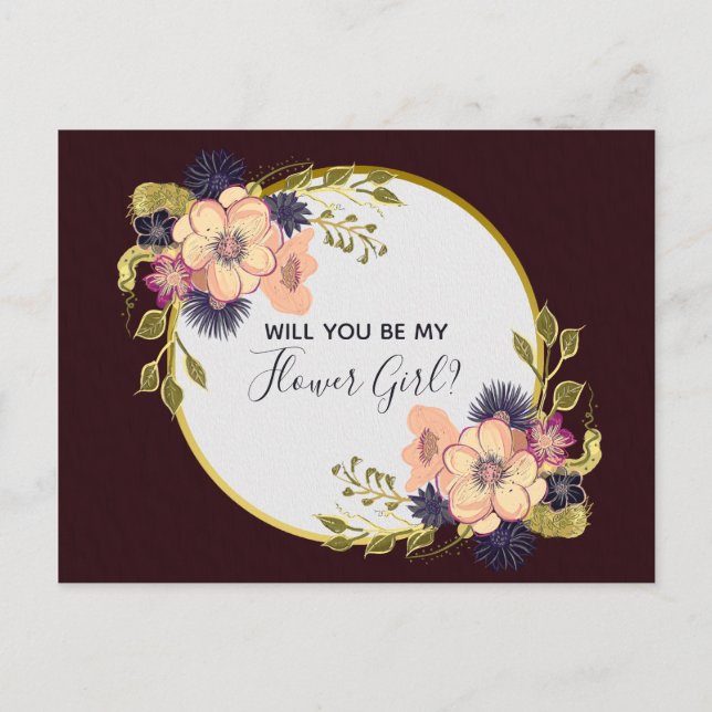 Will You Be My Flower Girl Burgundy Floral Fall Invitation Postcard (Front)