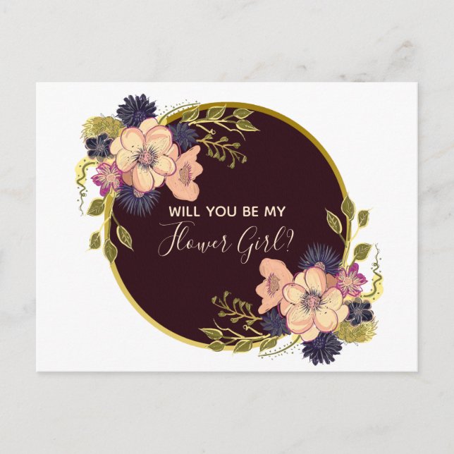 Will You Be My Flower Girl Burgundy Marsala Floral Invitation Postcard (Front)