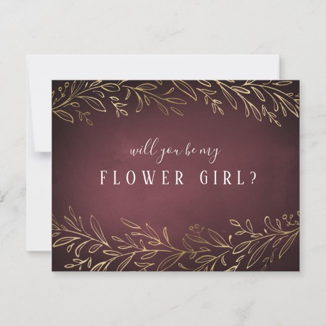 Will you be my flower girl gold burgundy botanical invitation (Front)